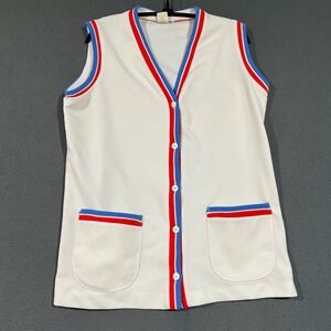 Tempo Vest Womens L White Red Blue Striped Trim Button Front 70s Retro Americana